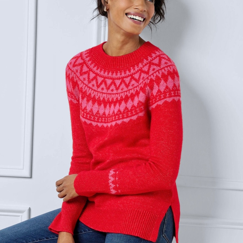 Talbots Fair Isle Crewneck Sweater, red with pink, like new